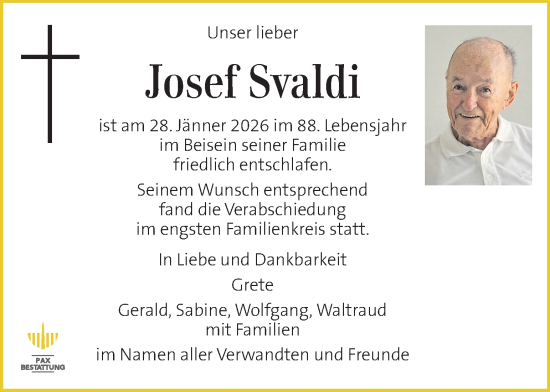 Traueranzeige von Josef Svaldi von Kleine Zeitung