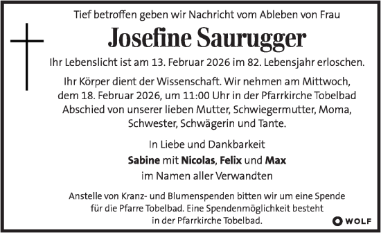 Traueranzeige von Josefine Saurugger von Kleine Zeitung