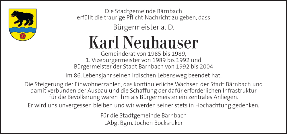 Traueranzeige für Karl Neuhauser vom 04.02.2026 aus Kleine Zeitung
