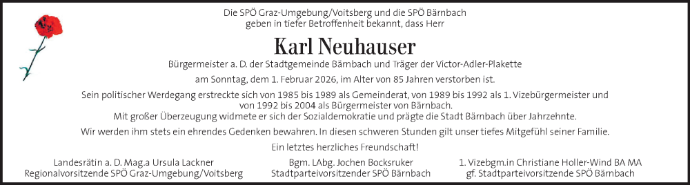  Traueranzeige für Karl Neuhauser vom 06.02.2026 aus Kleine Zeitung