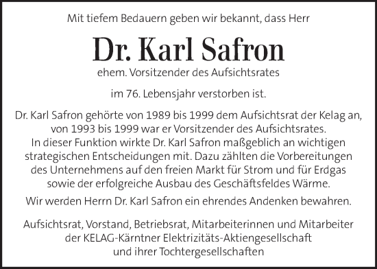 Traueranzeige von Karl Safron von Kleine Zeitung