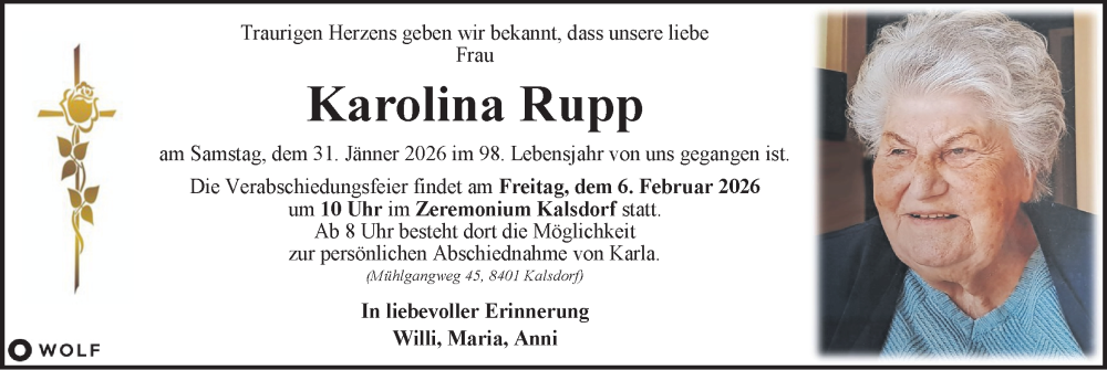  Traueranzeige für Karolina Rupp vom 04.02.2026 aus Kleine Zeitung