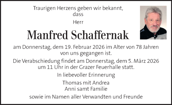 Traueranzeige von Manfred Schaffernak von Kleine Zeitung