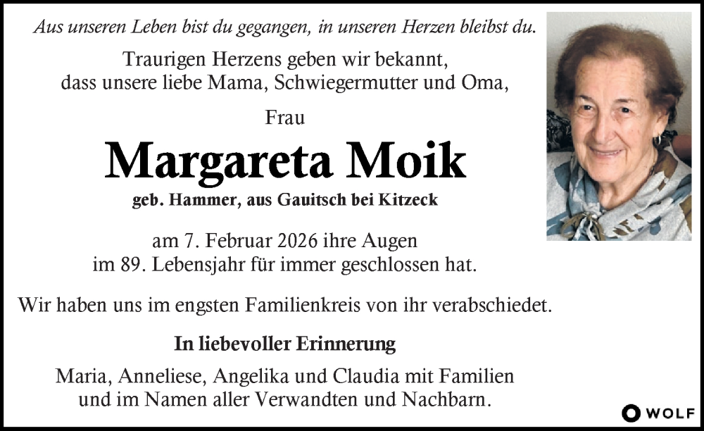  Traueranzeige für Margareta Moik vom 21.02.2026 aus Kleine Zeitung