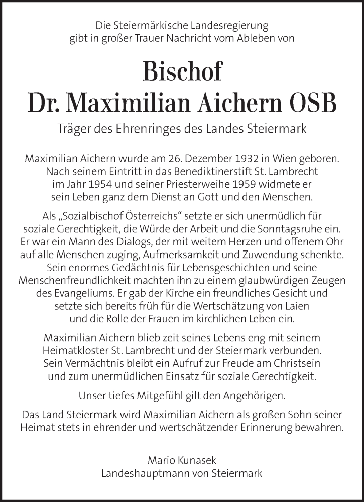  Traueranzeige für Maximilian Aichern vom 05.02.2026 aus Kleine Zeitung