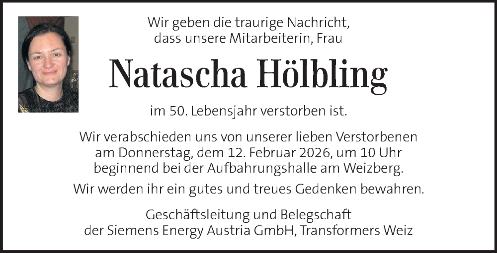  Traueranzeige für Natascha Hölbling vom 11.02.2026 aus Kleine Zeitung