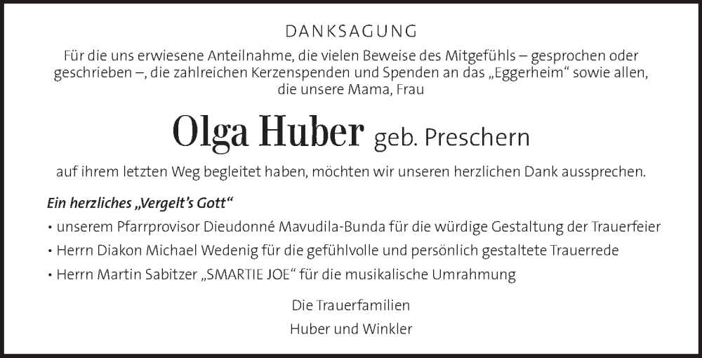  Traueranzeige für Olga Huber vom 06.02.2026 aus Kleine Zeitung