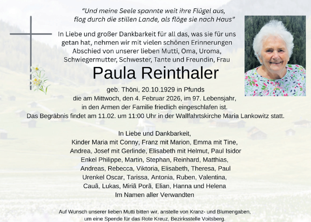  Traueranzeige für Paula Reinthaler vom 07.02.2026 aus Kleine Zeitung