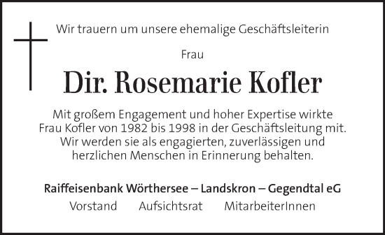 Traueranzeige von Rosemarie Kofler von Kleine Zeitung