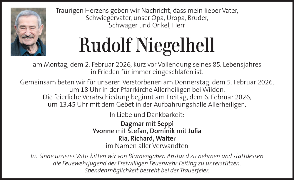  Traueranzeige für Rudolf Niegelhell vom 04.02.2026 aus Kleine Zeitung
