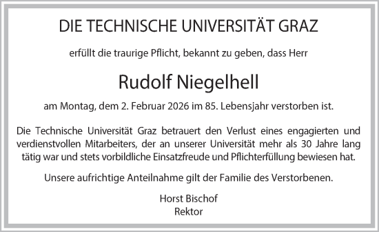 Traueranzeige von Rudolf Niegelhell von Kleine Zeitung