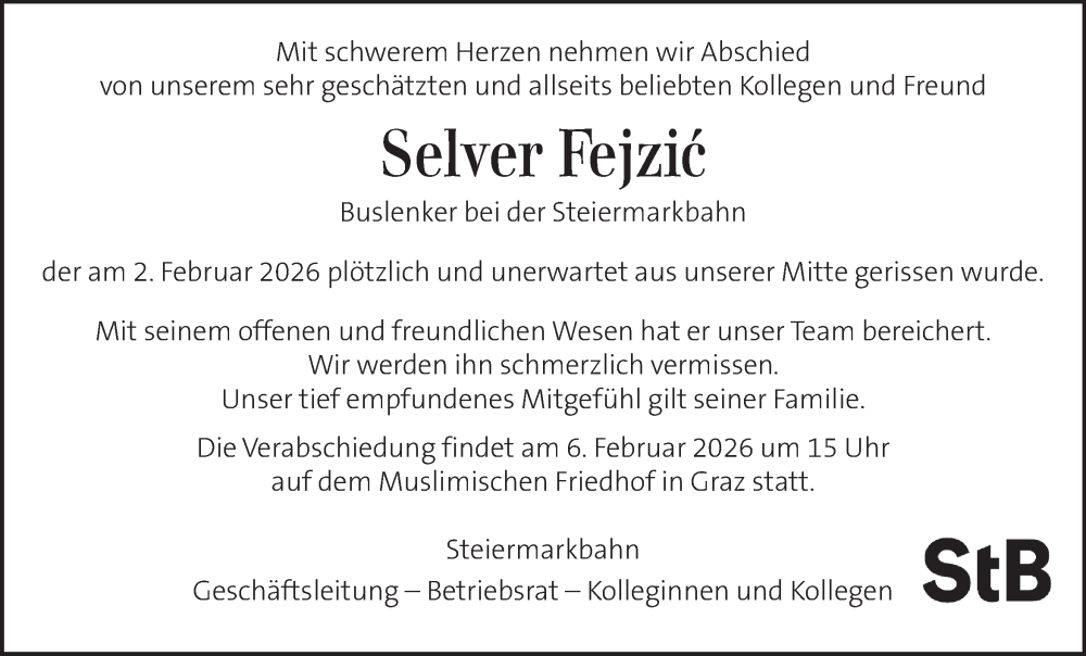  Traueranzeige für Selver Fejzic vom 06.02.2026 aus Kleine Zeitung