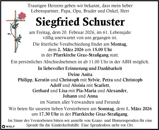 Traueranzeige von Siegfried Schuster von Kleine Zeitung