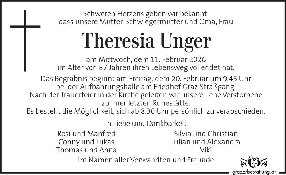  Traueranzeige für Theresia Unger vom 15.02.2026 aus Kleine Zeitung