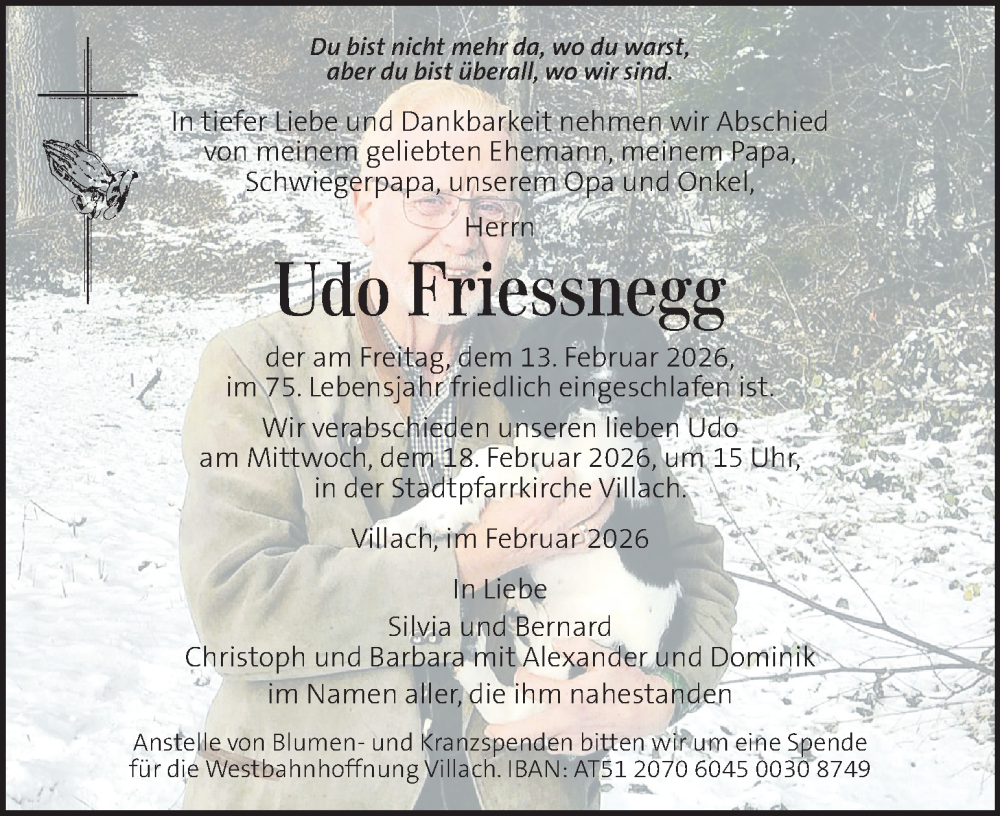  Traueranzeige für Udo Friessnegg vom 17.02.2026 aus Kleine Zeitung