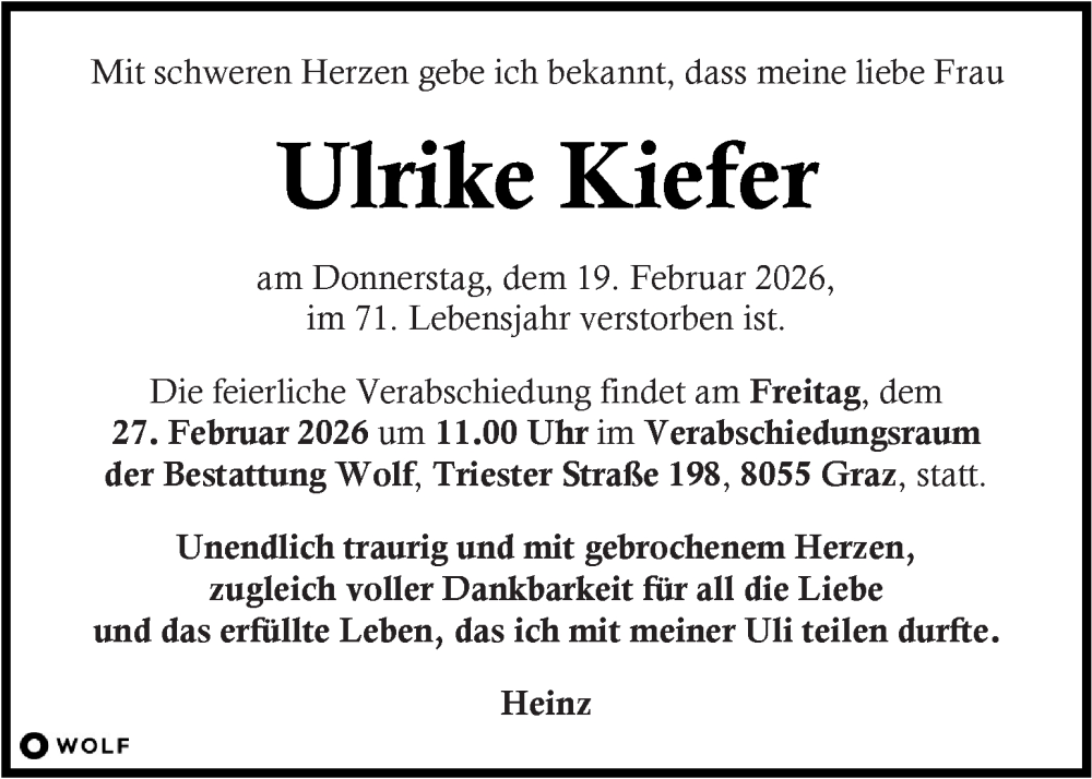  Traueranzeige für Ulrike Kiefer vom 25.02.2026 aus Kleine Zeitung