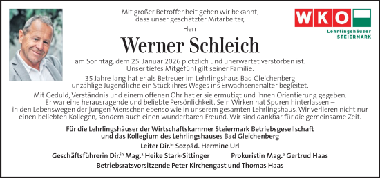 Traueranzeige von Werner Schleich von Kleine Zeitung