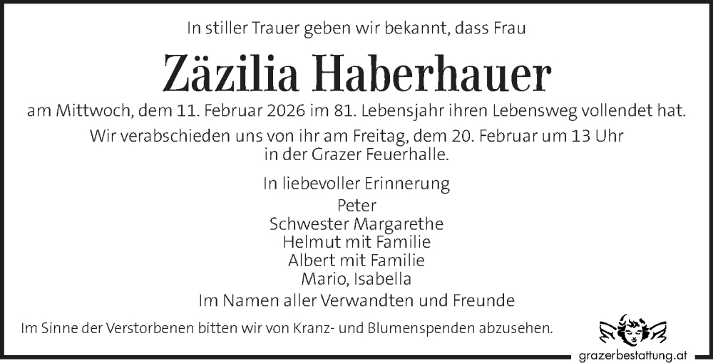  Traueranzeige für Zäzilia Haberhauer vom 15.02.2026 aus Kleine Zeitung