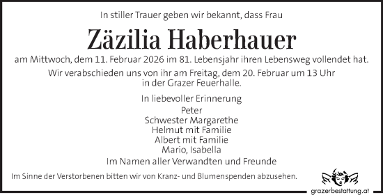 Traueranzeige von Zäzilia Haberhauer von Kleine Zeitung